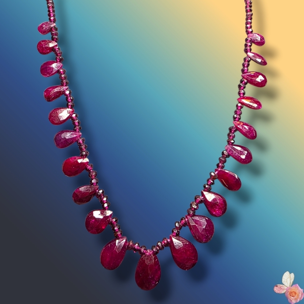 Ruby Red Faceted Teardrop Statement Necklace 16" … - image 1